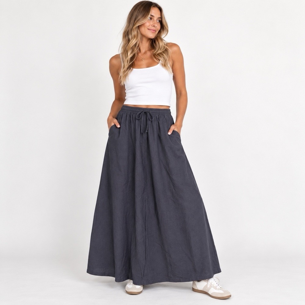 NWT neuflora skirt linen pockets navy full long skirt L